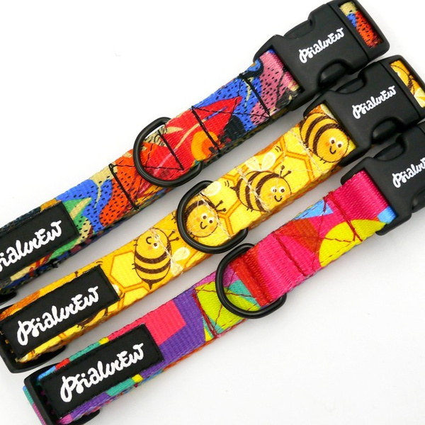 Dog Collar Busy Bees Psiakrew, 2 cm 0.78" wide, for smaller dogs black extras