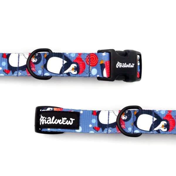 Verstellbares Hundehalsband Penguin Winter Psiakrew, Breite 2 cm, kleiner Hund, schwarze Beschläge