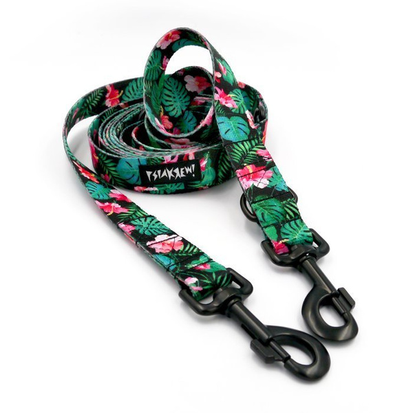 Dog Leash Tropical Monstera width 2.5 cm, 1" wide, black, big snap hook 8 cm
