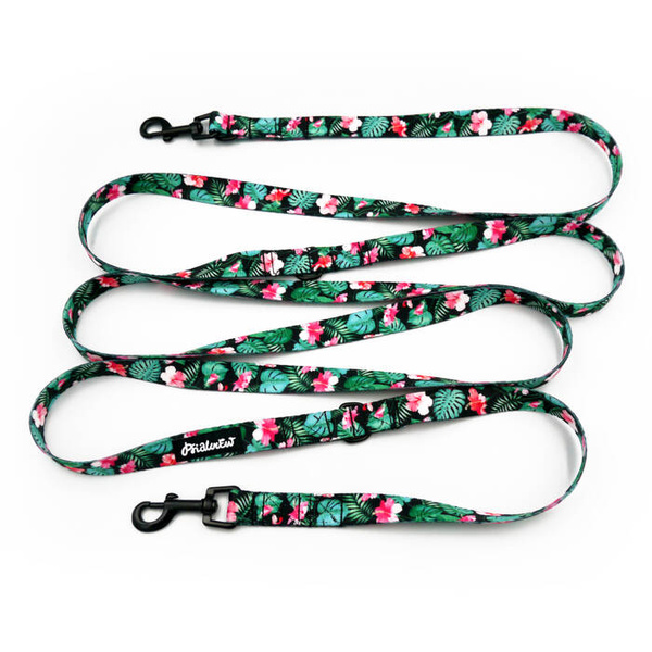Long Dog Leash Tropical Monstera Psiakrew width 2 cm (0.78"), black snap hook 6 cm