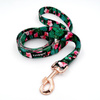 Dog Leash Tropical Monstera width 2.5 cm, 1" wide, big gold snap hook 8 cm