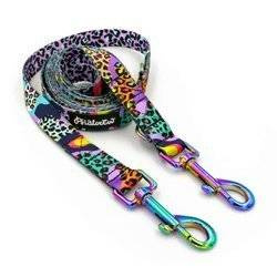 Long Dog Leash Crazy Leopard width 2 cm (0.78")  wide, Holo  petrol effect snap hook 7 cm
