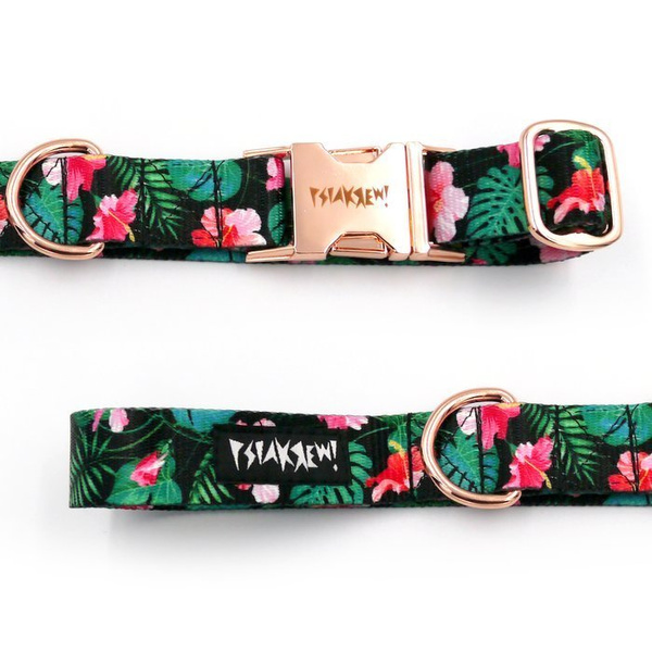 Dog Collar Psiakrew Tropical Monstera 2.5 cm, 1" wide, pink gold clip