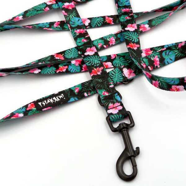 Dog Leash Tropical Monstera width 2.cm, (0.78") wide, black snap hook 7 cm