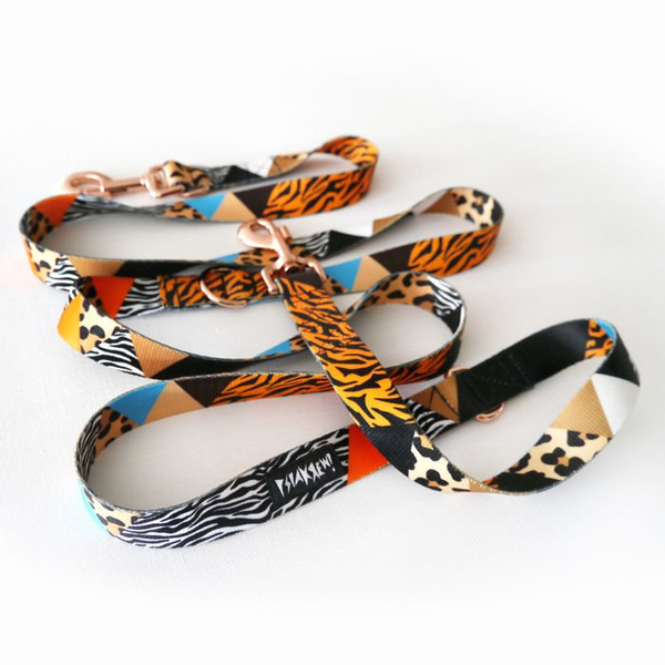 Dog Leash Wild Animals width 2.5 cm, 1" wide, pink gold, big snap hook 8 cm