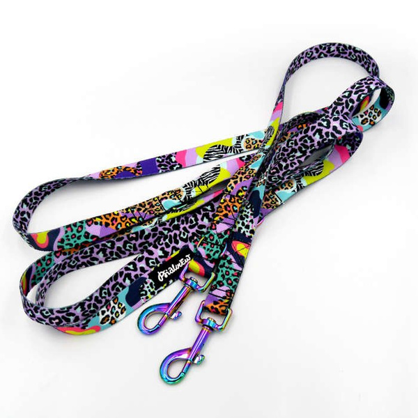 Long Dog Leash Crazy Leopard width 2 cm (0.78")  wide, Holo  petrol effect snap hook 7 cm