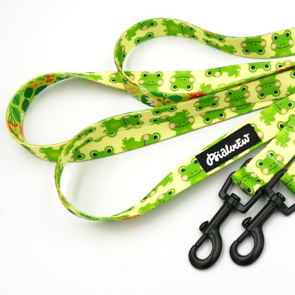 Long Dog Leash Green Frogs width 2 cm (0.78") wide, black snap hook