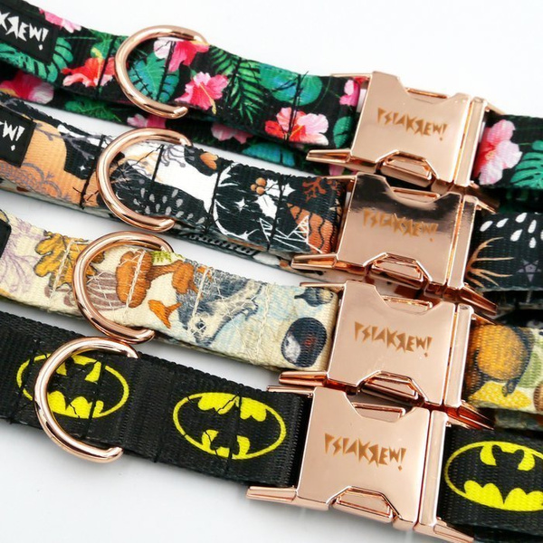 Dog Collar Psiakrew Tropical Monstera 2.5 cm, 1" wide, pink gold clip