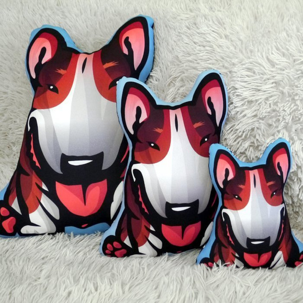 Decorative Dog Pillow Cushion Bull Terrier Tricolor, black tan white cuddly mascot
