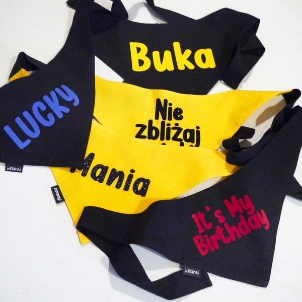 Bandana IT'S MY BIRTHDAY Psiakrew, personalizowana wiązana chusteczka, czarna bandana apaszka