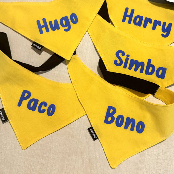Bandana z imieniem Psa Psiakrew, personalizowana chusteczka żółta apaszka niebieski napis