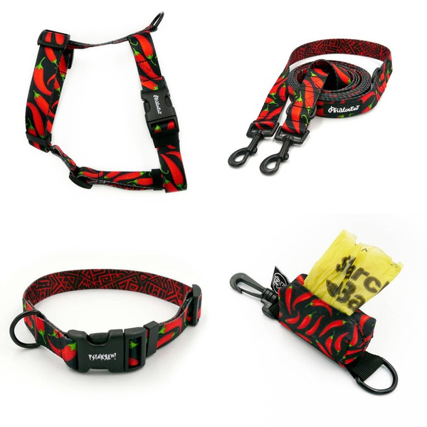 ACCESSORY KIT. Medium dog. Red Hot Chili Psiakrew Series; Collar, Harness, Leash, Pouch for poop bags