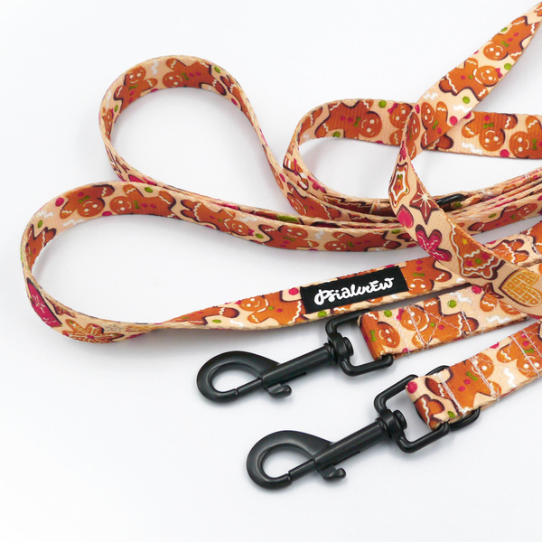Long Dog Leash Cinnamon Gingerbread Psiakrew width 2 cm (0.78"),  black snap hook 7 cm (3,15")