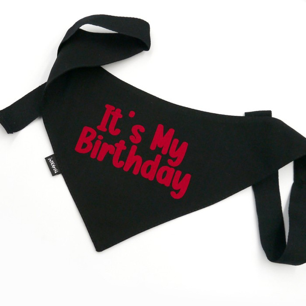 Bandana IT'S MY BIRTHDAY Psiakrew, personalizowana wiązana chusteczka, czarna bandana apaszka