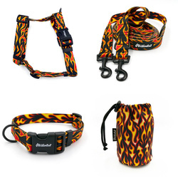 ACCESSORY KIT. Medium dog. Dog on Fire Psiakrew Series; Collar, Harness, Leash, Sachet for dog treats