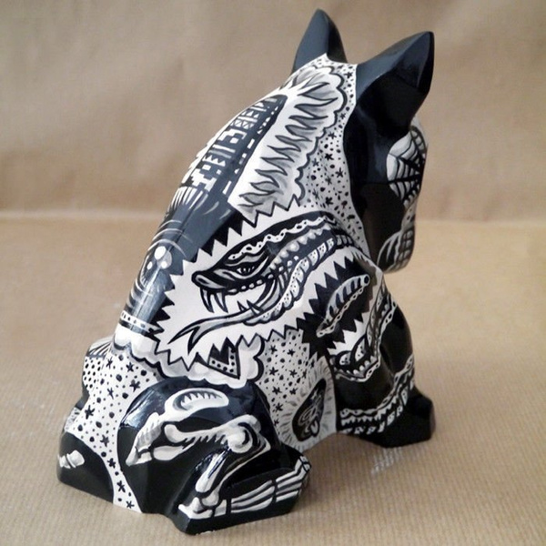 Sculpture Mexican Bull Terrier Tattoo, Day of the Dead, Dia De Los Muertos sculpture Dog skeleton