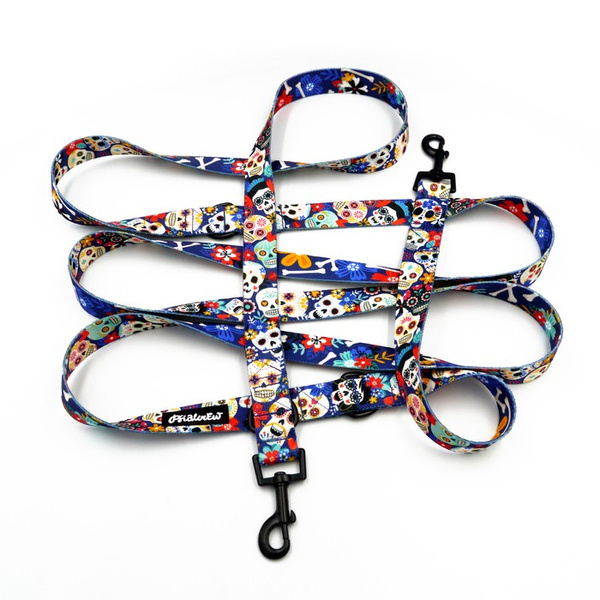 Dog Leash Dia de los Muertos width 2.5 cm, 1" wide, snap hook black 6cm