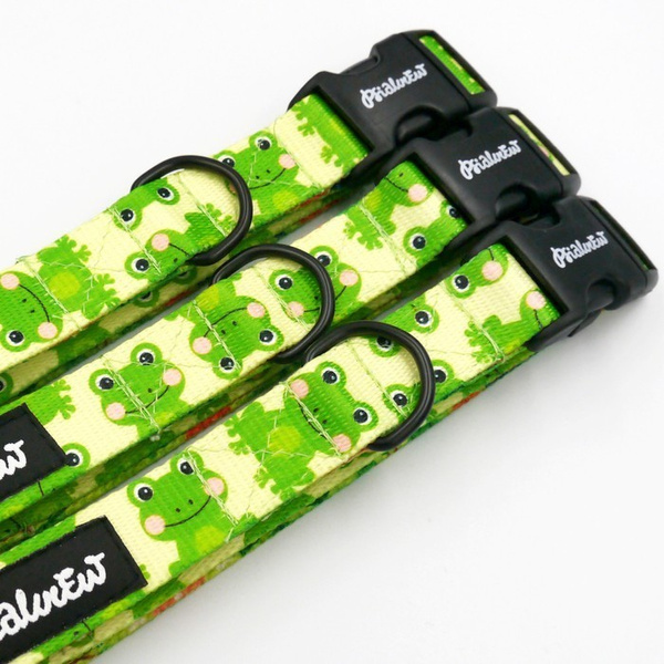 Dog Collar Psiakrew Green Frogs, 2 cm 0.78" wide, for smaller dogs black extras