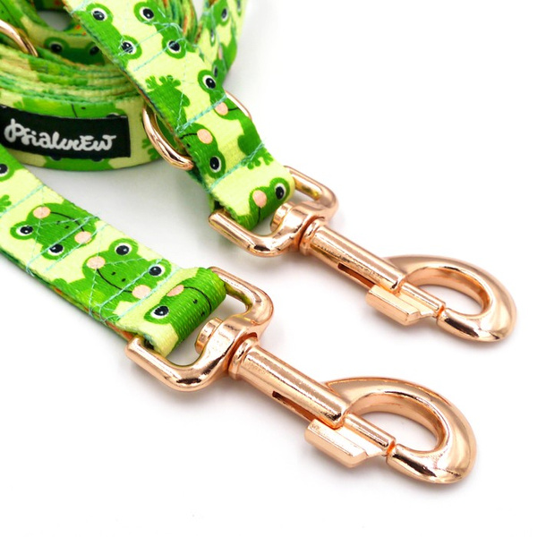 Dog Leash Green Frogs width 2.5 cm, 1" wide, pink gold, big snap hook 8 cm