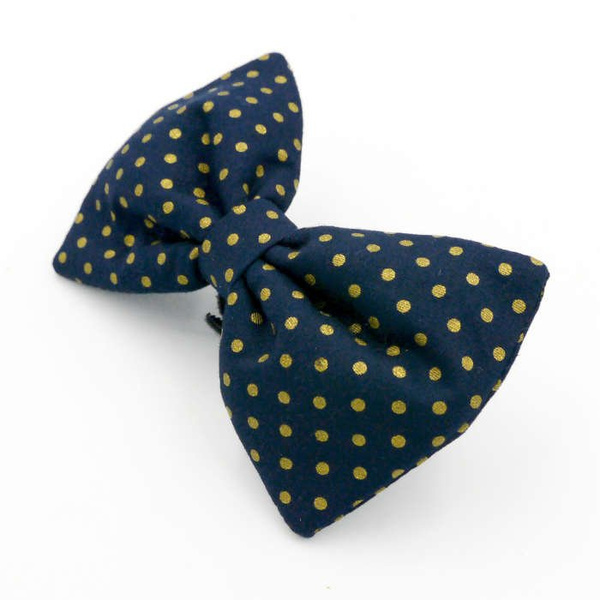 Dark Blue Dog Bow Tie, gift for dog, Gold Dots Pet Bow Tie, Bowtie, Collar Attachment