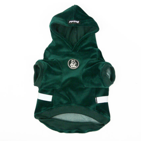 Bluza dla Psa Psiakrew z kapturem zielony butelkowy, welurowa, odblaskowy element