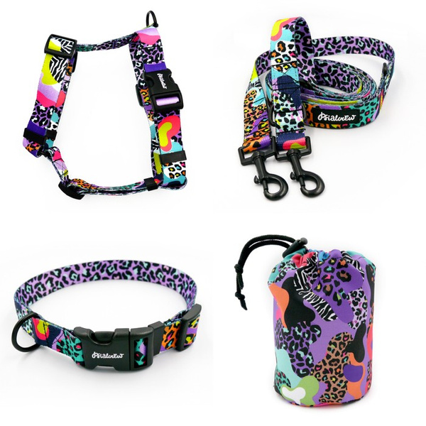 ACCESSORY KIT. Medium dog. Psiakrew Crazy Leopard Series; Collar, Harness, Leash, Sachet for dog treats