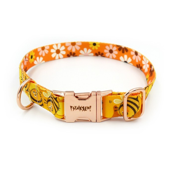 Dog Collar Busy Bees Psiakrew 2.5 cm, 1"  wide, pink gold clip