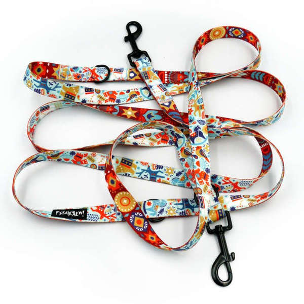 Long Dog Leash Winter Folk width 2 cm (0.78") wide, black snap hook 7 cm