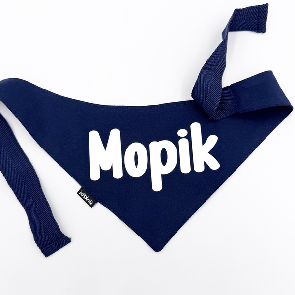 Bandana z imieniem Psa Psiakrew, personalizowana wiązana chusteczka czarna apaszka niebieski napis