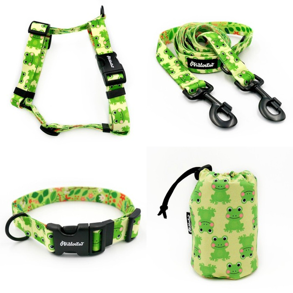 ZUBEHÖRSATZ. Großer Hund. Psiakrew Green Frogs-Serie; Halsband, Geschirr, Leine, Sachet für Hundeleckerli