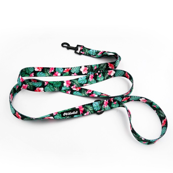 Dog Leash Tropical Monstera width 2.5 cm, 1"  wide, black snap hook 6 cm