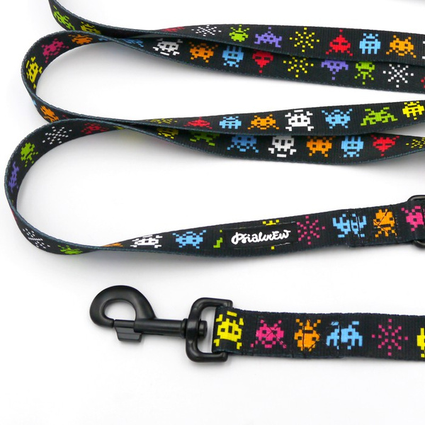 Lange abnehmbare Hundeleine Invaders Psiakrew, Band 2,5 cm, Karabiner 8 cm, schwarz