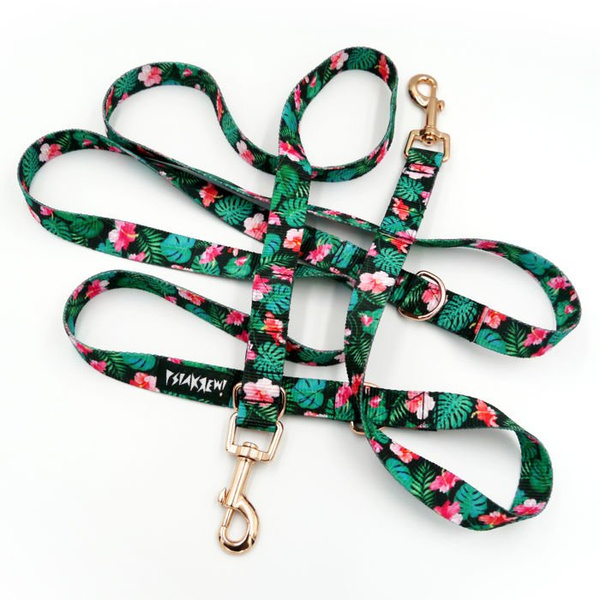 Leash for micro and small Dog; Tropical Monstera; adjustable; 2 cm wide, pink gold snap hook 6 cm