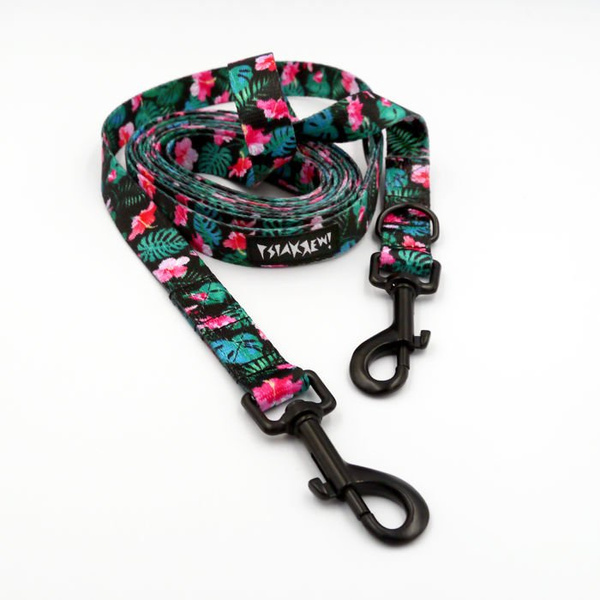 Dog Leash Tropical Monstera width 2.cm, (0.78") wide, black snap hook 7 cm