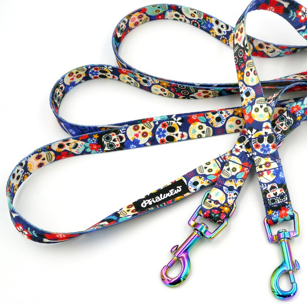 Long Dog Leash Dia de los Muertos Psiakrew width 2 cm (0.78") wide, holo snap hook 6 cm