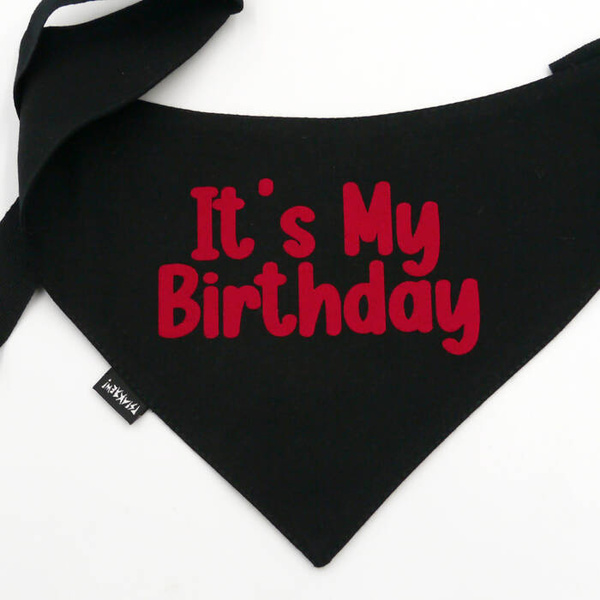 Bandana IT'S MY BIRTHDAY Psiakrew, personalizowana wiązana chusteczka, czarna bandana apaszka