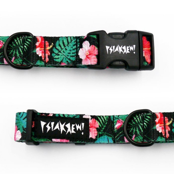 Dog Collar Psiakrew Tropical Monstera, 2 cm 0.78"  wide, for smaller dogs, black extras