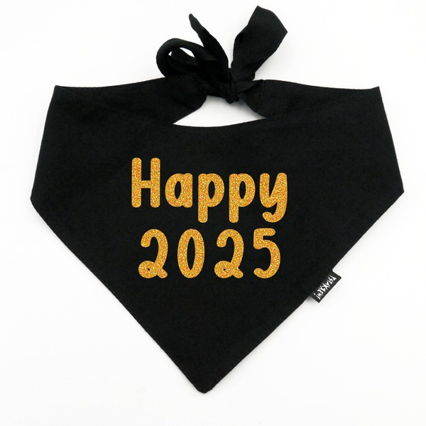 Schwarze Bandana mit glitzernder goldener Aufschrift „Happy 2025“ Psiakrew