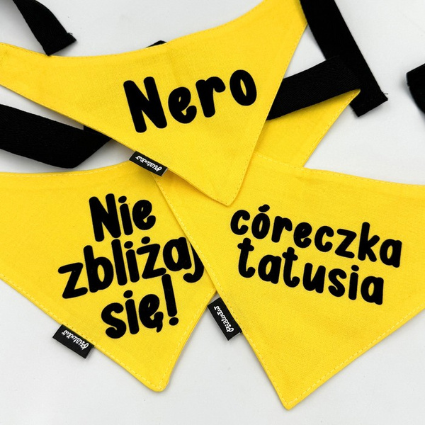 Bandana for Dog NIE ZBLIŻAJ SIĘ! Psiakrew, personalized tied handkerchief, yellow bandana scarf