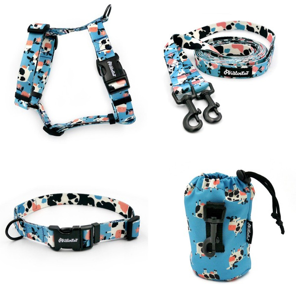 ZUBEHÖRSATZ für einen kleinen Hund Spotted CowPsiakrew -Serie; Halsband, Geschirr, Leine, Sachet für Hundeleckerli