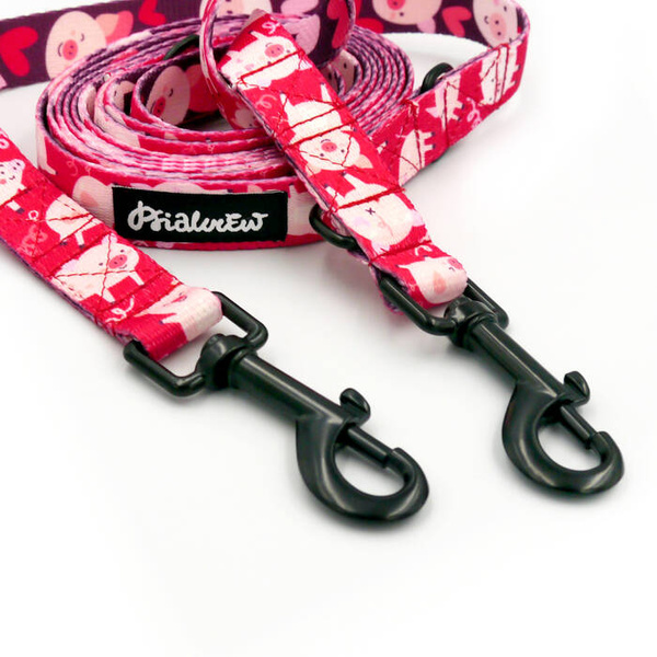 Long Dog Leash Piggy in Love Psiakrew width 2 cm (0.78"), black snap hook 7 cm (3,15")