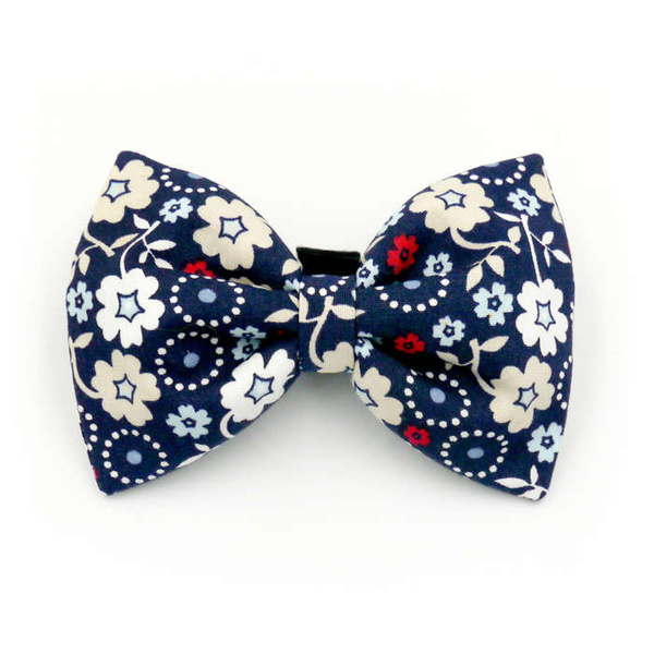 Navy Bow Tie Bow for a dog with flowers, attached to the collar