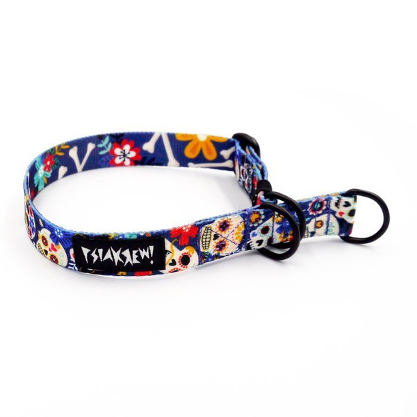 Obroża półzaciskowa Día de los Muertos szeroka na 2 cm, dla małych psów, czarne dodatki