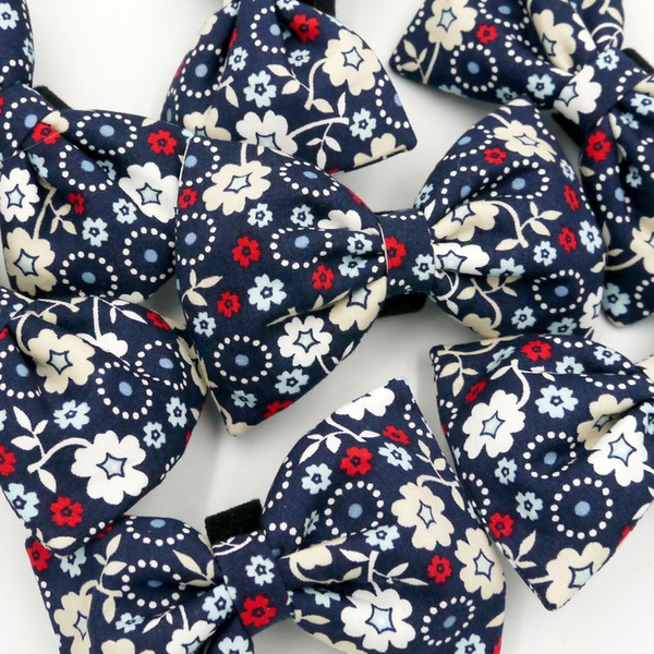 Navy Bow Tie Bow for a dog with flowers, attached to the collar
