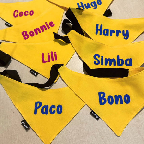 Bandana z imieniem Psa Psiakrew, personalizowana chusteczka żółta apaszka różowy napis