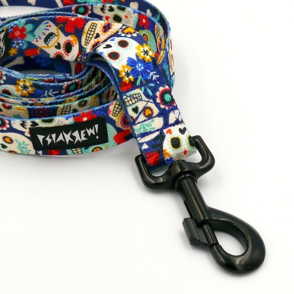 Dog Leash Día de los Muertos width 2.5 cm, 1" wide, big black snap hook 8 cm