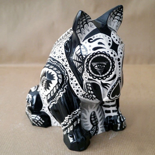 Skulptur Mexikanischer Bullterrier Tattoo, Tag der Toten, Dia De Los Muertos Skulptur Hundeskelett