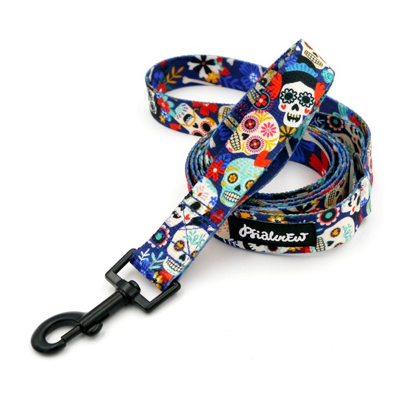 Dog Leash Dia de los Muertos width 2.5 cm, 1"  wide, black snap hook 6 cm