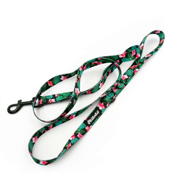 City leash for Dog Tropical Monstera, width 2 cm, black carabiner 7 cm