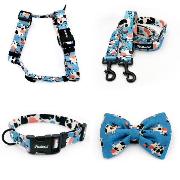 ACCESSORY KIT. Medium dog. Spotted Cow Psiakrew Series; Collar, Harness, Leash, Bow Tie